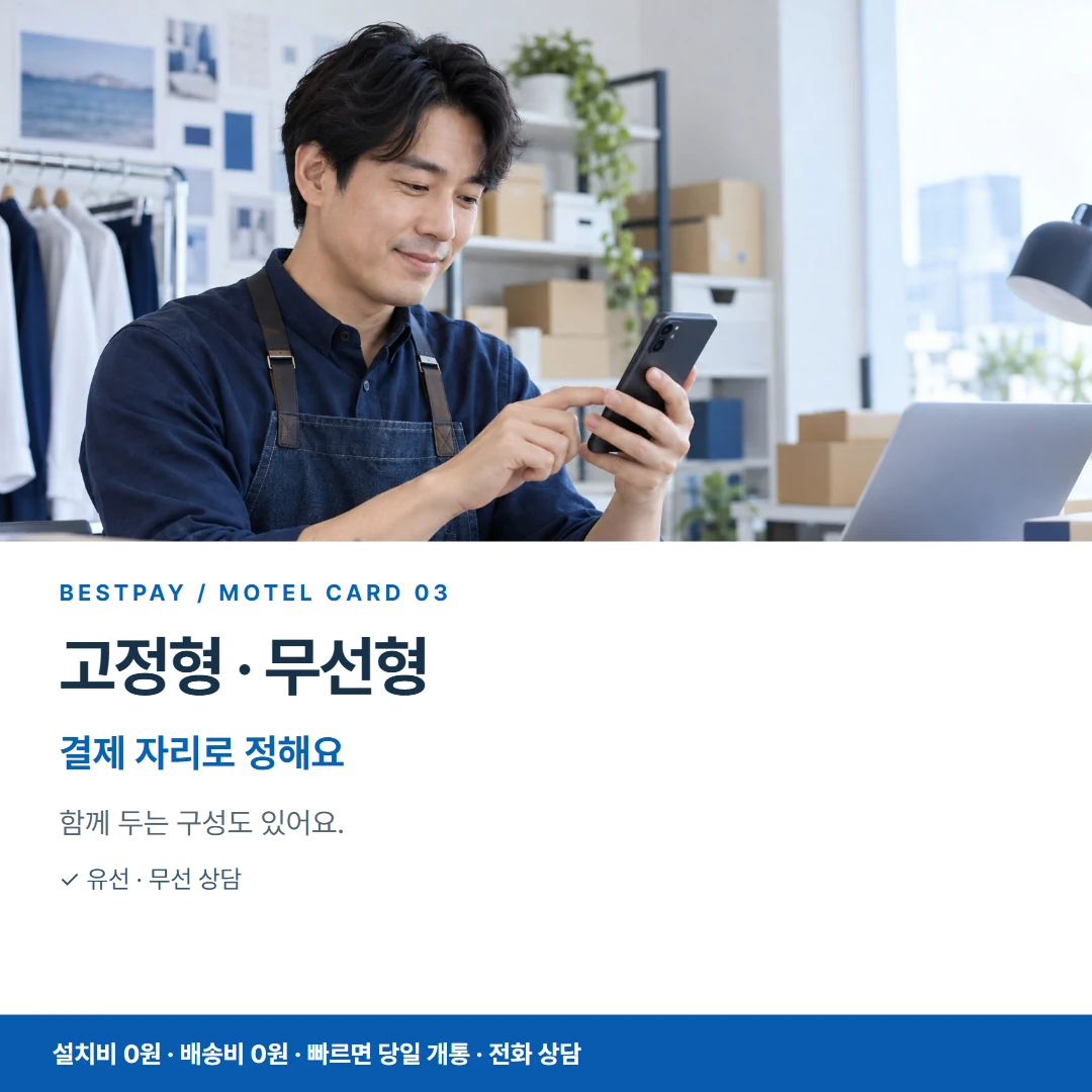 모텔 PG단말기 · 고정형 · 무선형 결제 자리로 정해요 카드뉴스 3