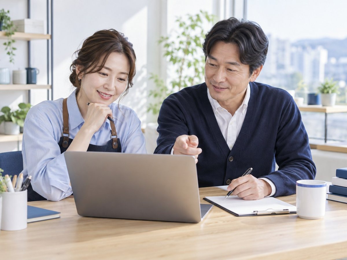 모텔 PG단말기 · 모텔 개업 PG단말기 · 남녀가 노트북을 보며 상담하는 장면(연출 사진)