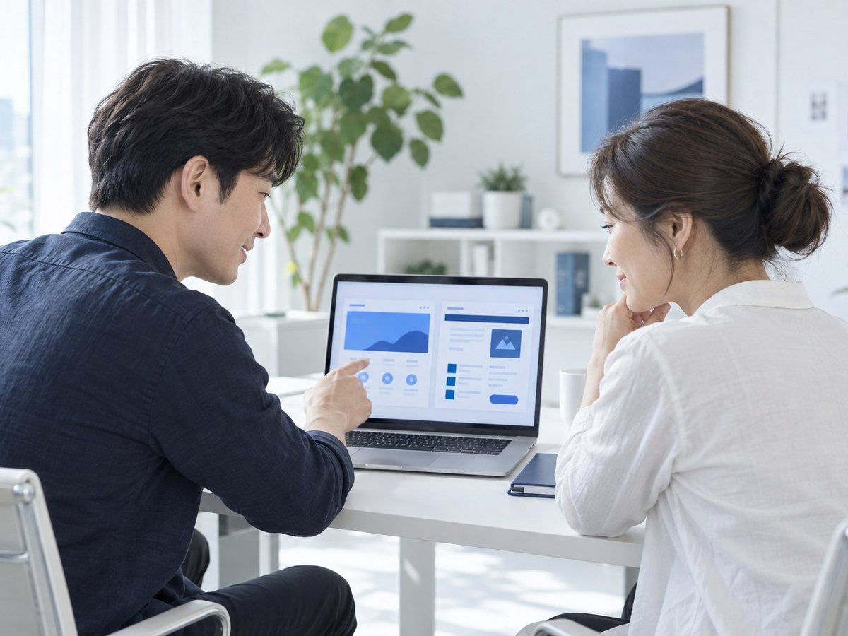 모텔 PG단말기 · 모텔 개업 PG단말기 · 남녀가 노트북 화면을 함께 보며 상담하는 장면(연출 사진)
